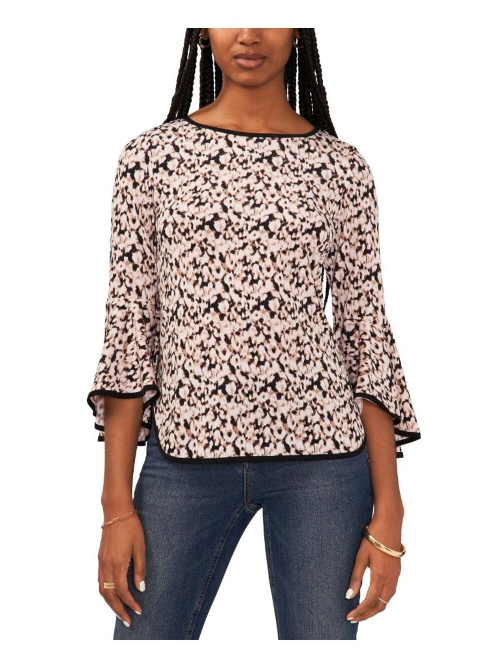 Sam & Jess Womens Bell Sleeve Animal Print Knit Blouse Top Beige Size M NWT